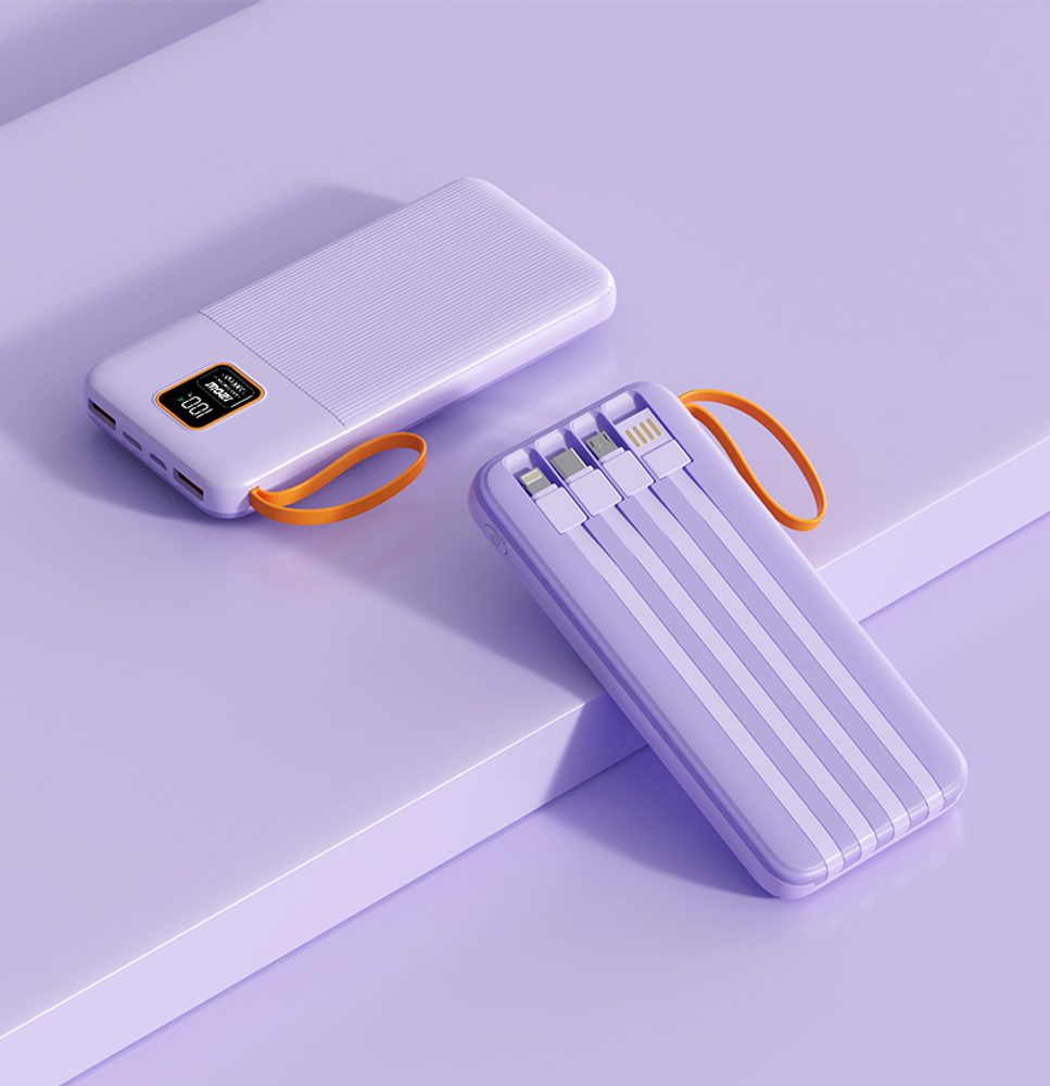 Powerbanka 20000mAh so 4 vstavanými káblami, 2x USB-A, 1x USB-C, PD 22,5 W, QC 3.0, LED displej, fialová