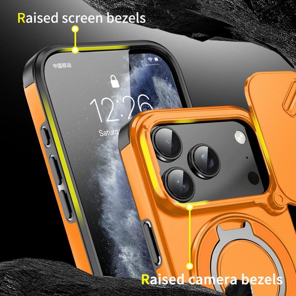 Camslide Stand obal, iPhone 17 Pro, oranžový
