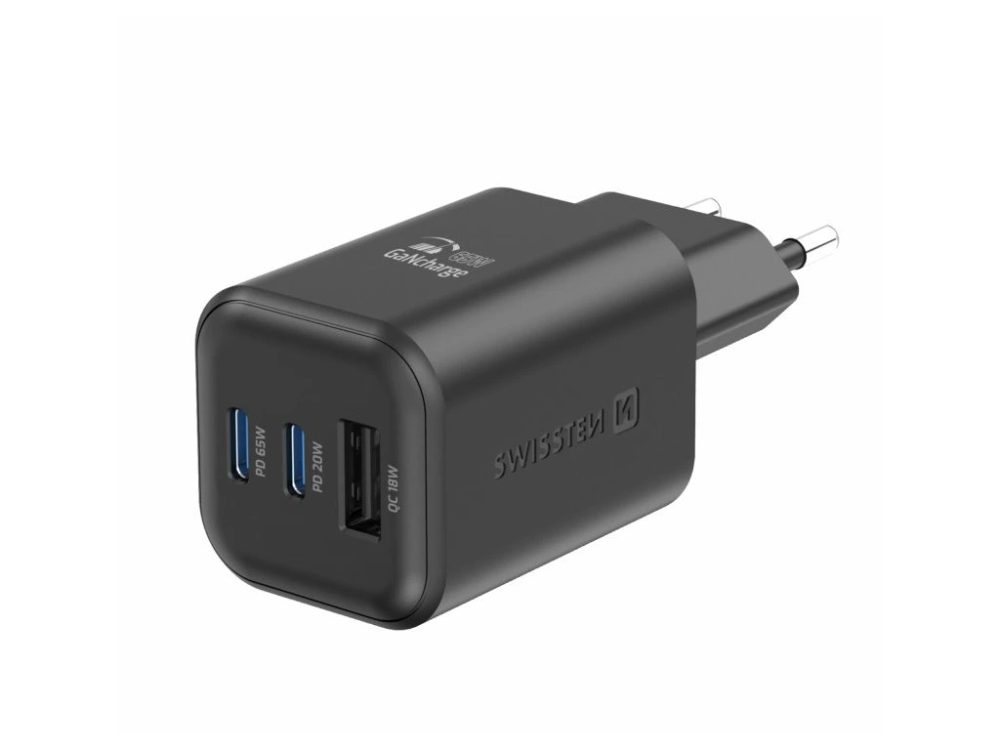Swissten GaN hálózati adapter 2x USB-C 65W PD és 1x USB-A 18W QC, fekete színben