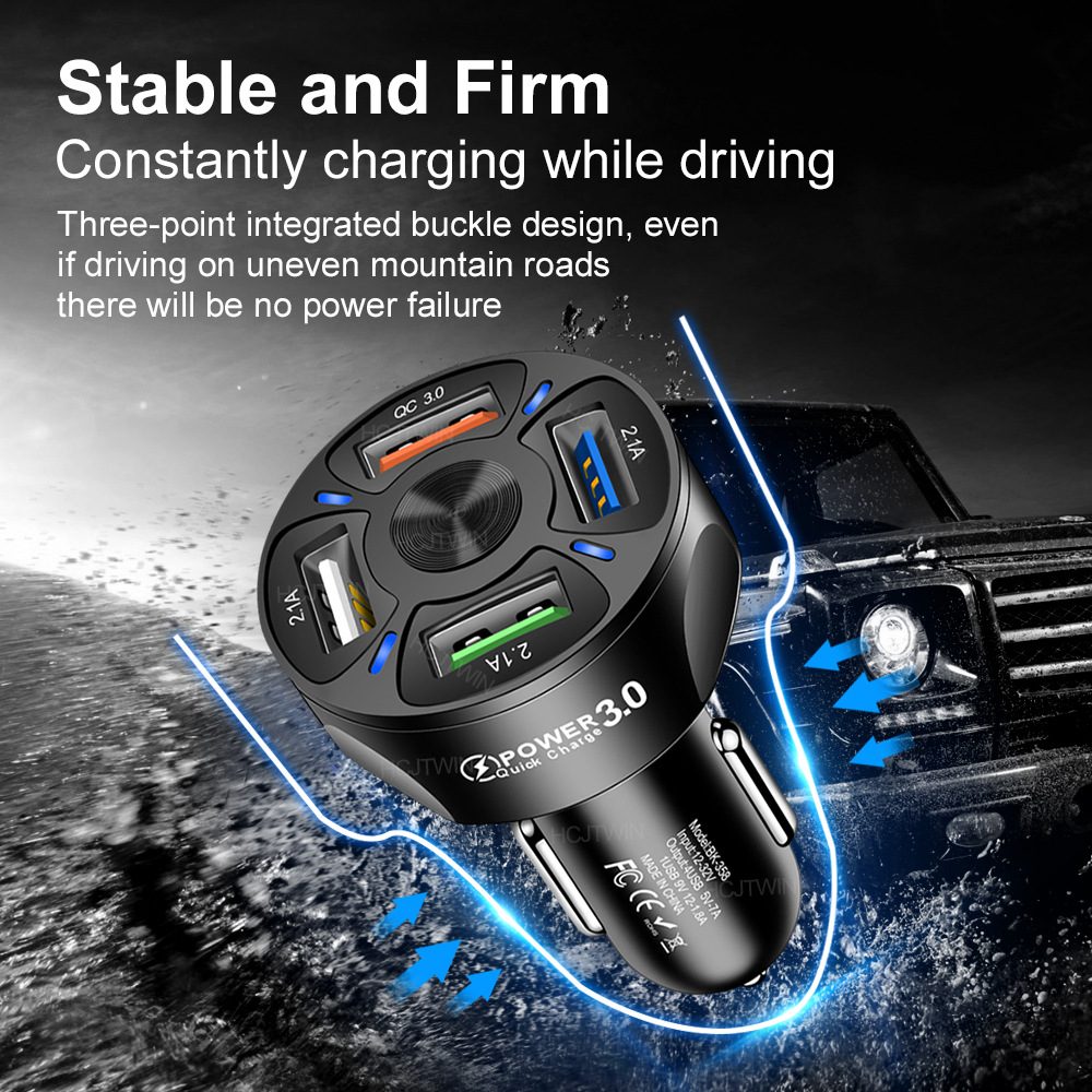 Nabíjačka do auta so 4 USB portami, QC3.0, čierna