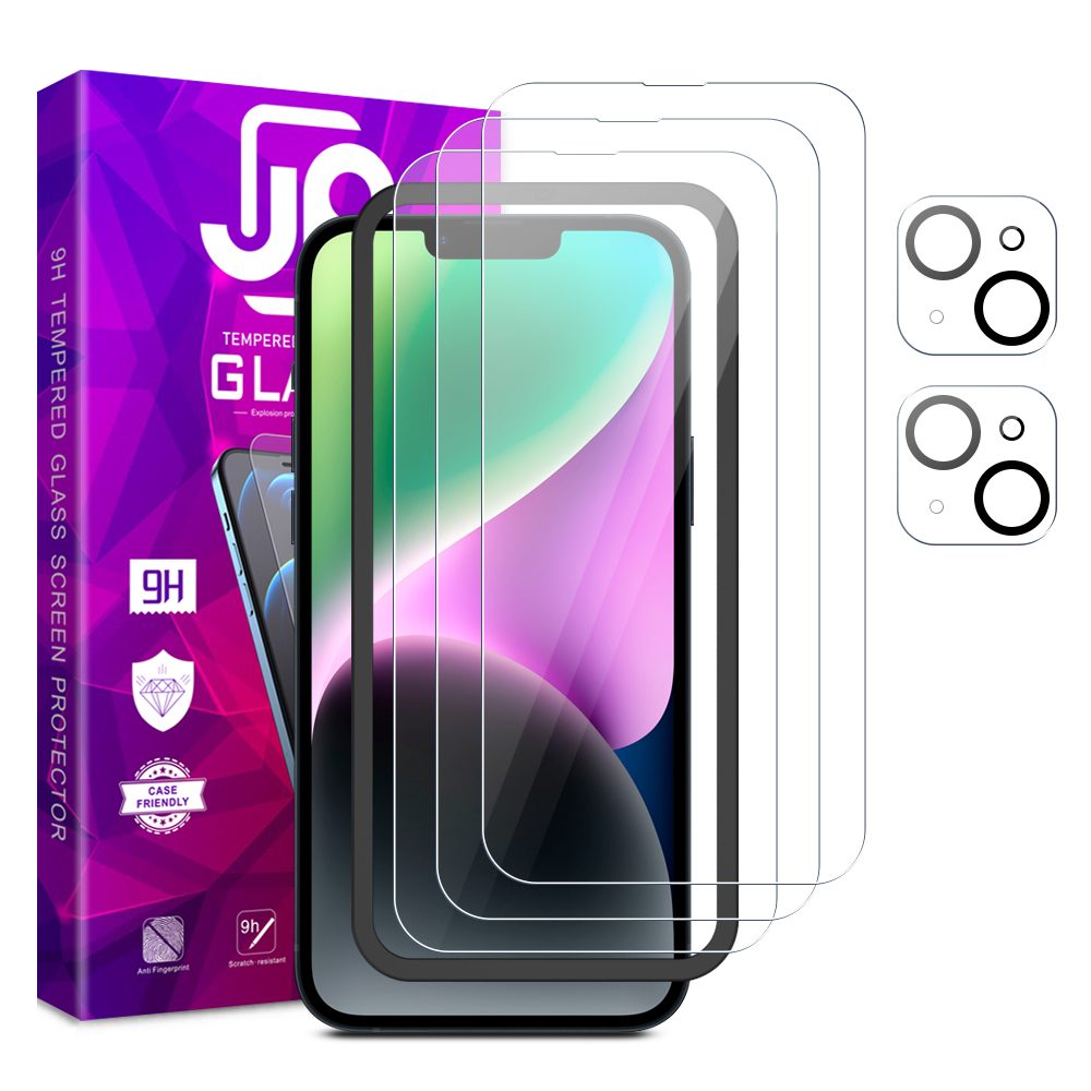 JP Mega Pack Tvrdených Skiel, 3 Sklá Na Telefón S Aplikátorom + 2 Sklá Na šošovku, IPhone 14