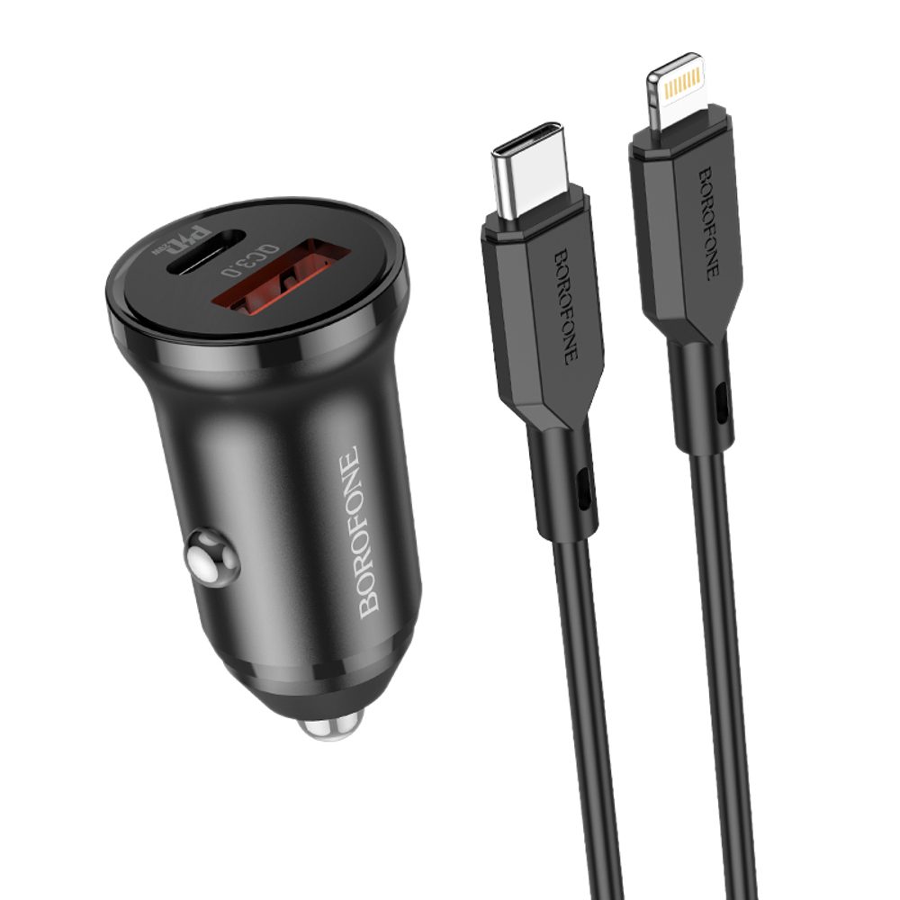 Borofone BZ18A Auto Punjač - USB-C + USB - PD 20W QC 3.0 18W Sa USB-C Kabelom - Lightning, Crni