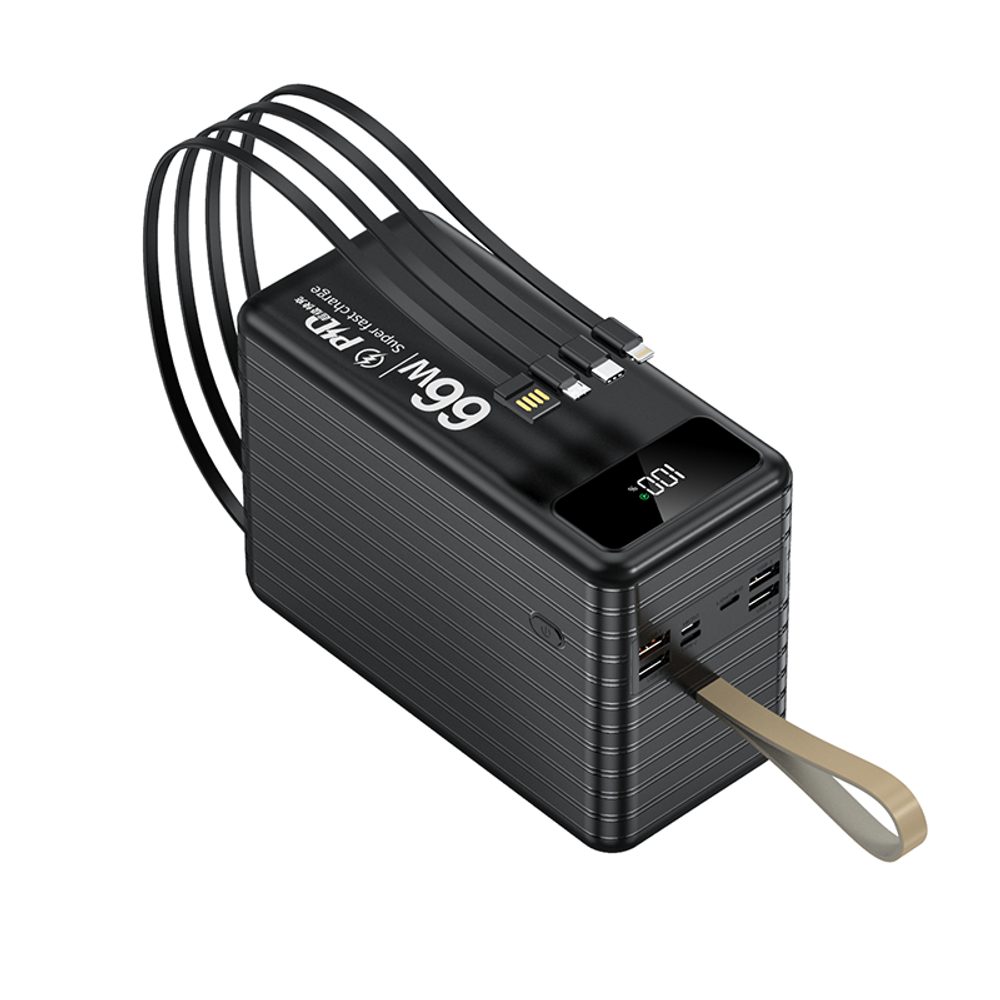 Powerbank 120 000 mAh, PD66W, 2.1A, 4 beépített kábel + LED fény, fekete