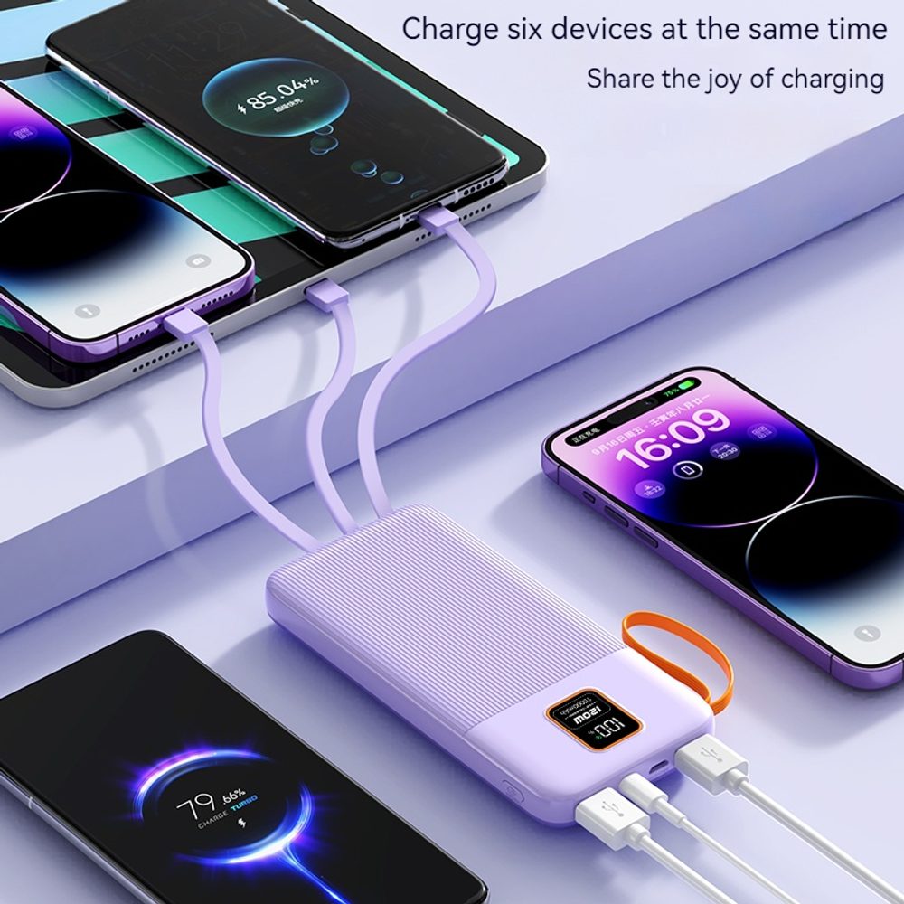 Powerbanka 20000mAh so 4 vstavanými káblami, 2x USB-A, 1x USB-C, PD 22,5 W, QC 3.0, LED displej, modrá