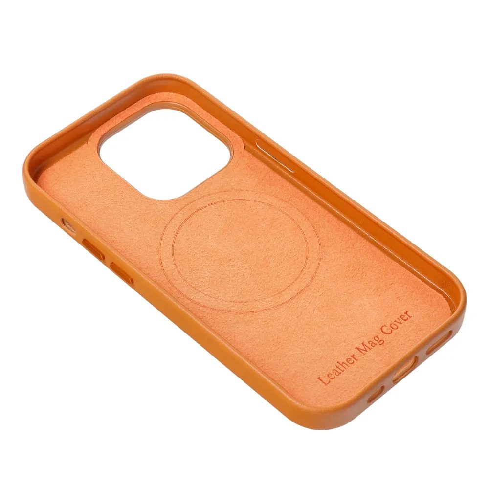 Bőr Mag Cover Tok, IPhone 15 Pro Max, Narancssárga
