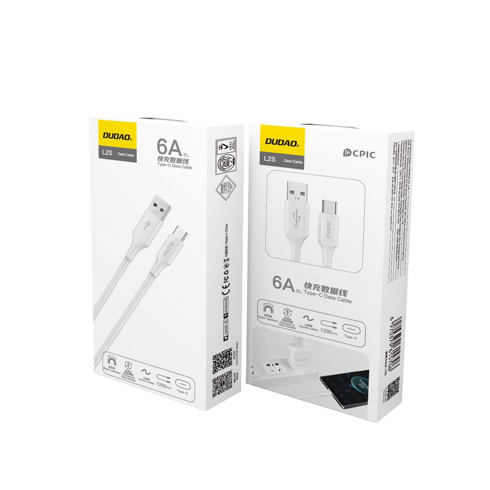 Dudao L2sT kábel USB-A - USB-C, 6A, 1,2 m, biely