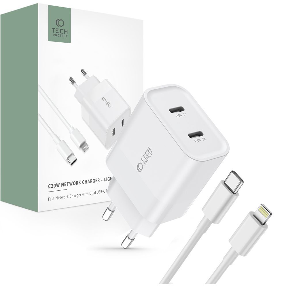 Tech-Protect C20W 2-portni Polnilec PD20W + Kabel Lightning, Bel