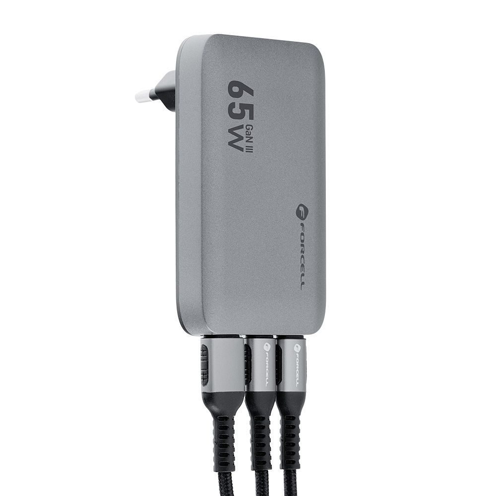 Forcell F-Energy ultratenká nabíjačka VT-47, 2x USB-C + USB-A, 4A, 65W, sivá