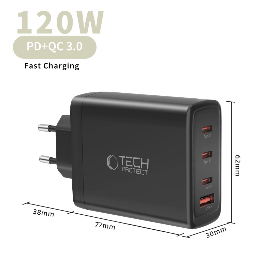 Tech-Protect NC120W-GAN 4-portová nabíjačka PD 120W / QC3.0, čierna