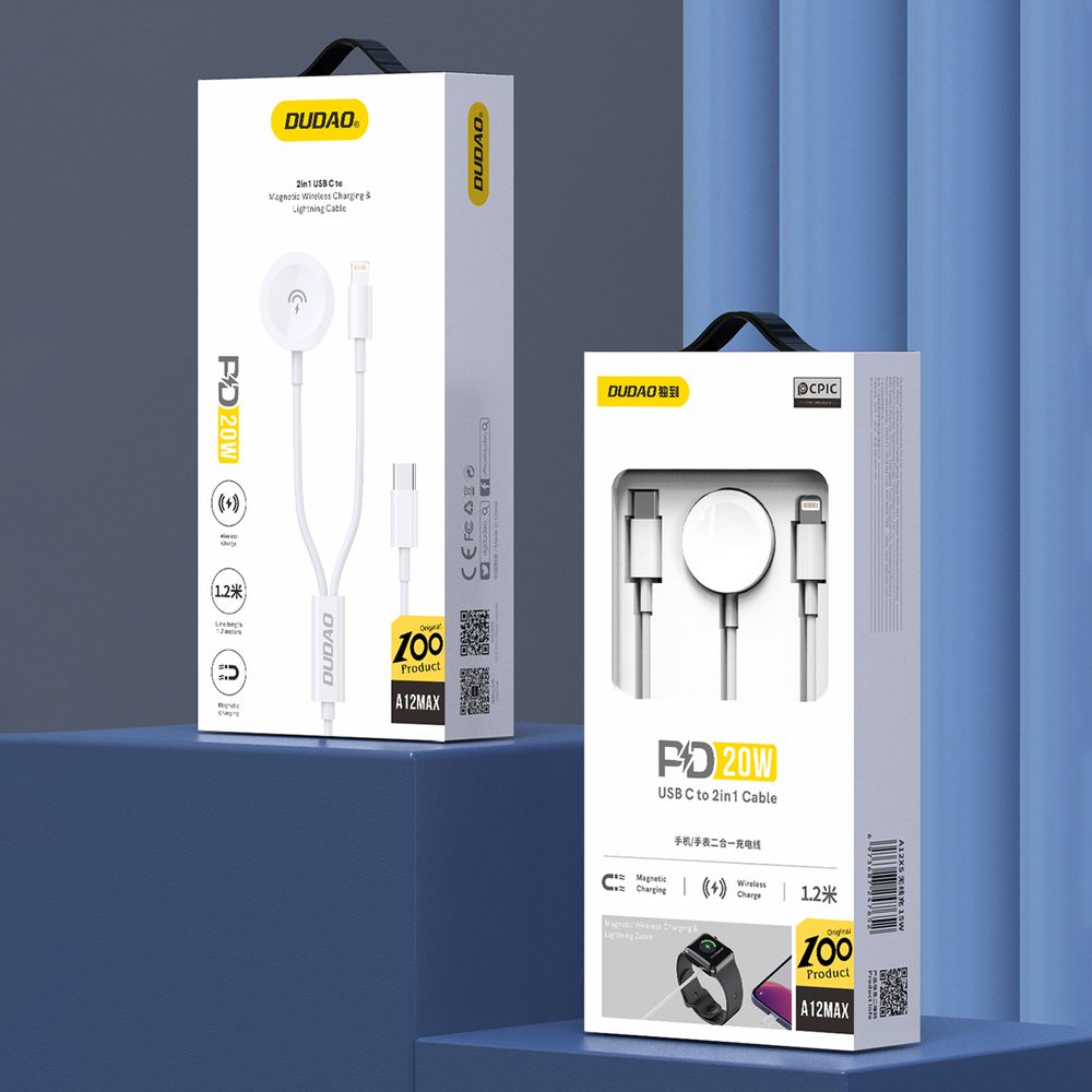 Dudao A12Max 2v1 kábel pre iWatch + Lightning - USB-C, 20W PD, 1,2 m, biely