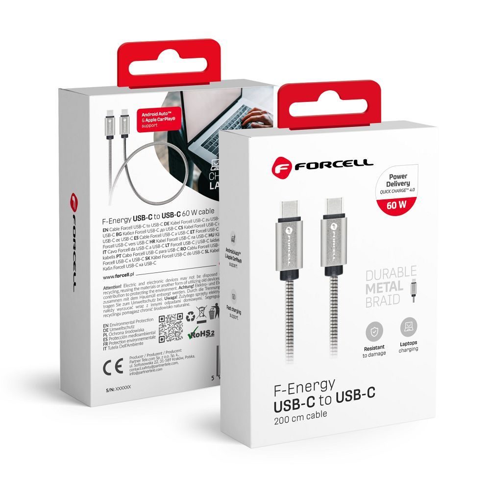 Forcell F-Energy kábel USB-C - USB-C, QC4.0, PD, 3A, 66W, 2 m, strieborný