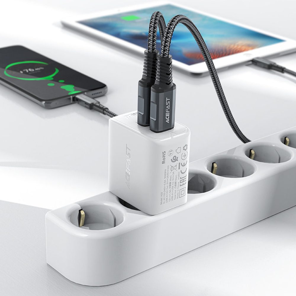 Acefast Töltő 2x USB 18W QC 3.0, AFC, FCP, Fekete (A33 Fekete)