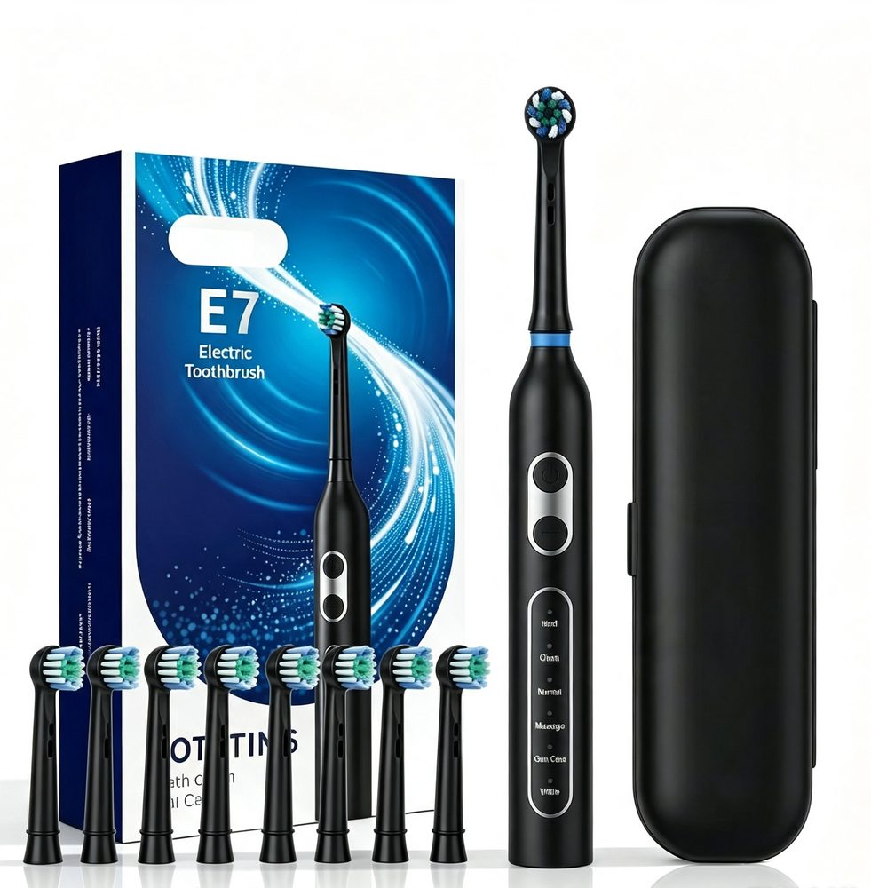 Periuță de dinți electrică sonică E7 cu 8 capete, 5 moduri, IPX7, 1500 mAh, neagră