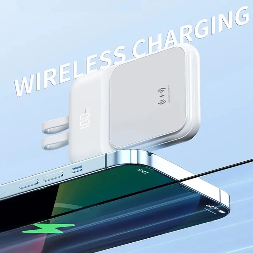 Bezdrôtová Powerbanka s 2 vstavanými káblami, 10000mAh, USB-C + Lightning, 15W, fialová
