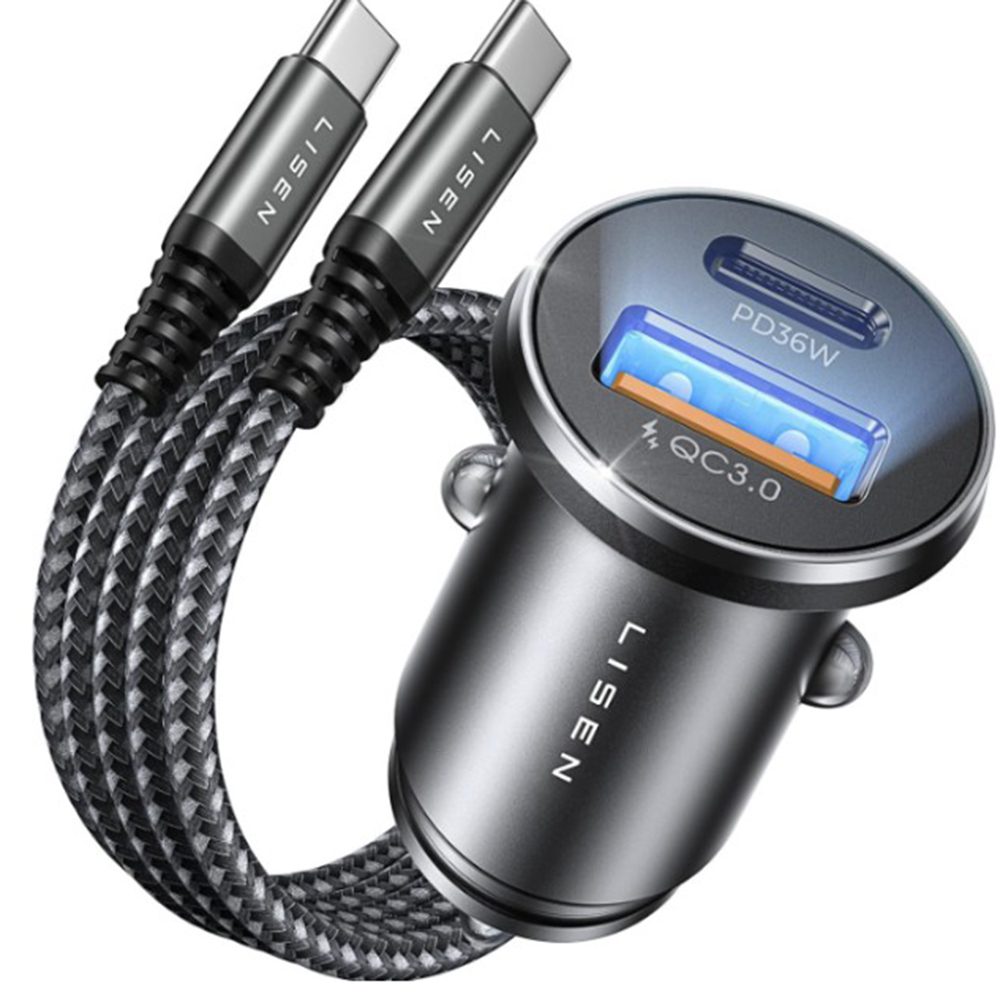 Levně Lisen Autonabíječka USB-A + USB-C s USB-C kabelem, 12V–24V, černá