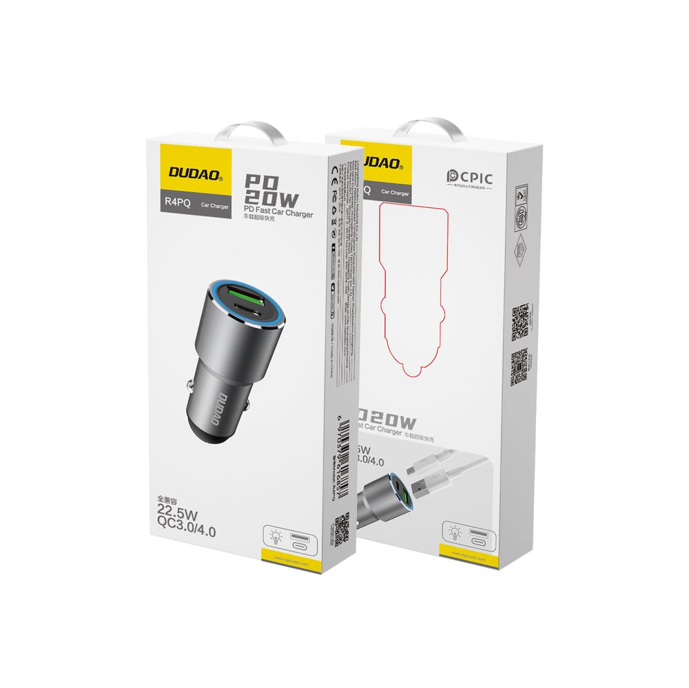 Dudao R4PQ nabíjačka do auta USB + USB-C, 22,5 W, sivá