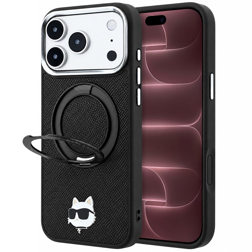 Karl Lagerfeld Leather Ring Stand 360 KC Pin MagSafe, husă de protecție, iPhone 17 Pro Max / 18 Pro Max, negru