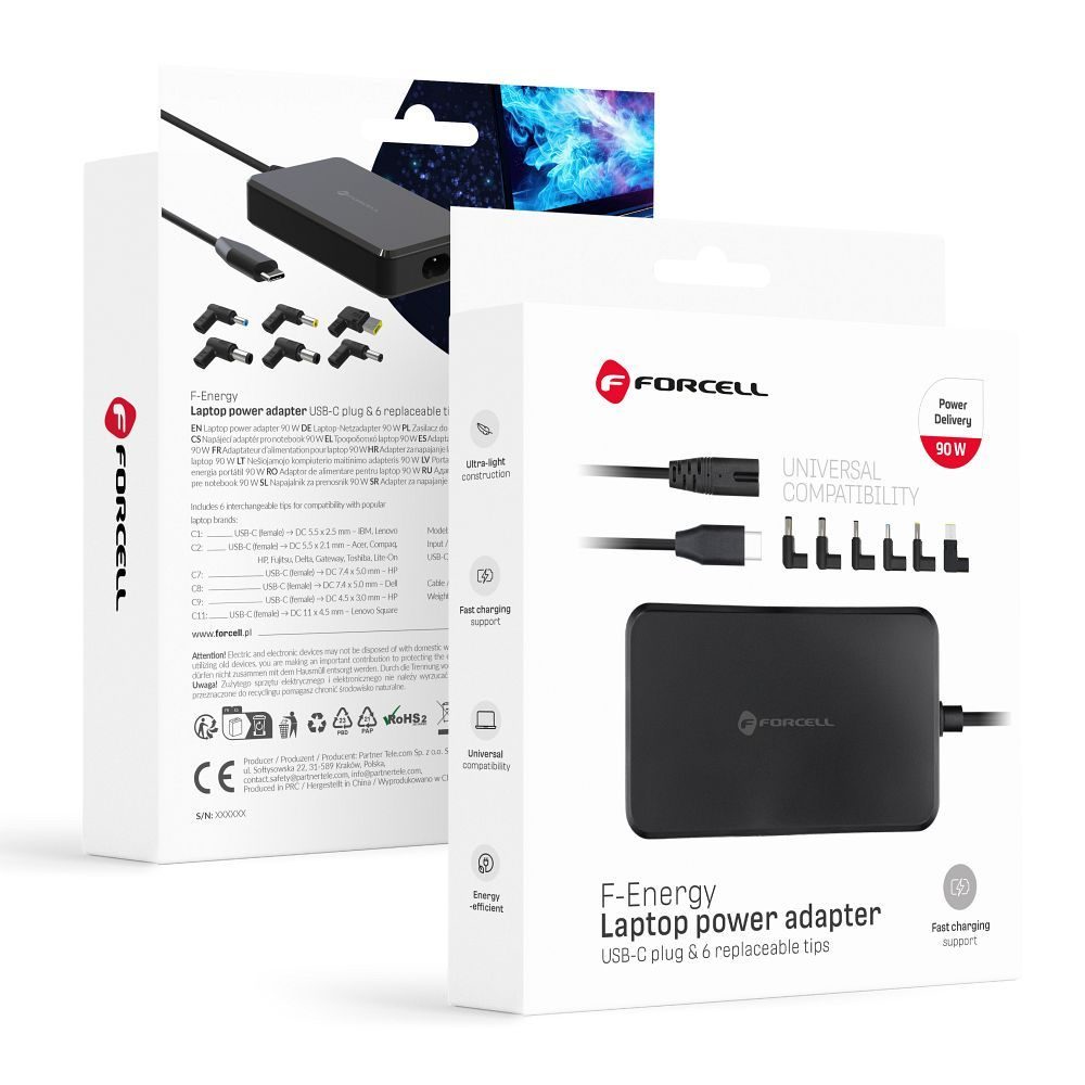 Levně Forcell F-Energy E856 Univerzální adaptér k notebooku, 90W (6 koncovek), černý