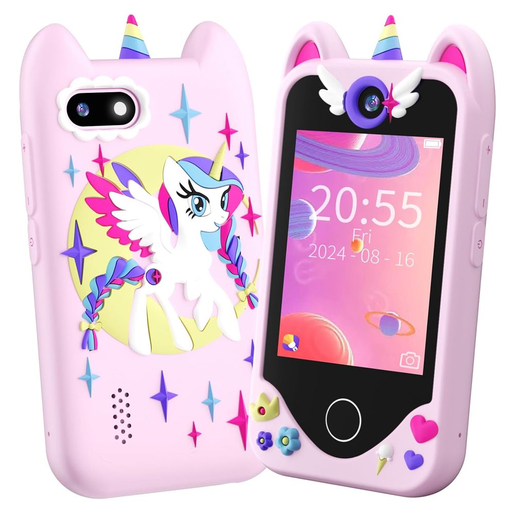 Telefon inteligent pentru copii cu jocuri, MP3, cameră duală și ecran tactil, unicorn alb