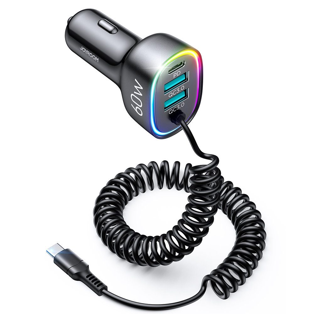 Joyroom 4 în 1 încărcător Auto Rapid PD, QC3.0, AFC, FCP Cu Cablu USB-C, 1,6 M, 60 W, Negru (JR-CL19)