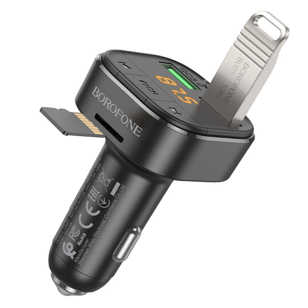 Borofone BC43 FM Oddajnik Flash MP3, Bluetooth, 2x USB + MicroSD, QC 3.0, 18W, črna