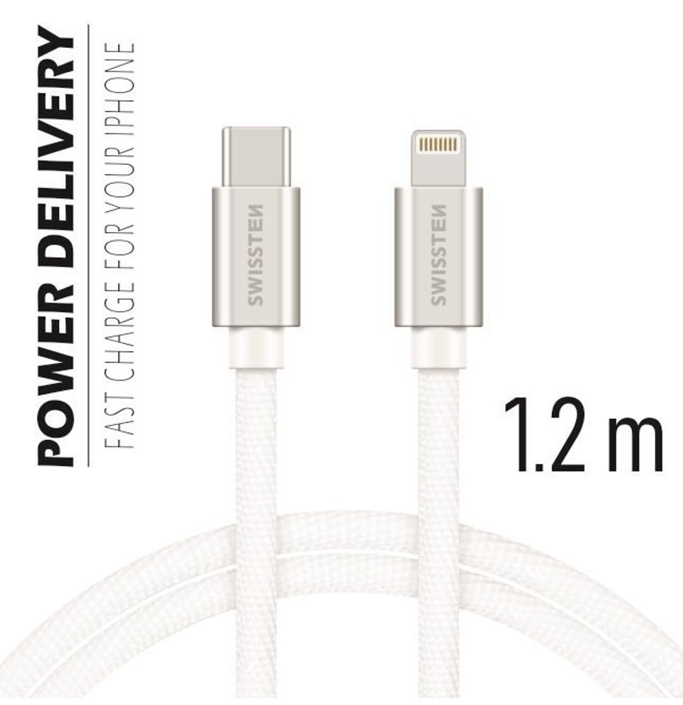 Swissten Tekstilni Podatkovni Kabel, USB-C / Lightning, 1,2 M, Srebrn