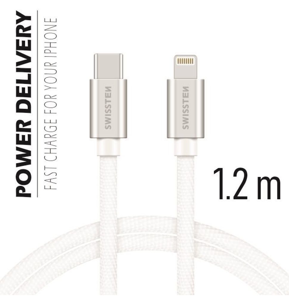 Levně Swissten datový kabel textil, USB-C / Lightning, 1,2m, stříbrný
