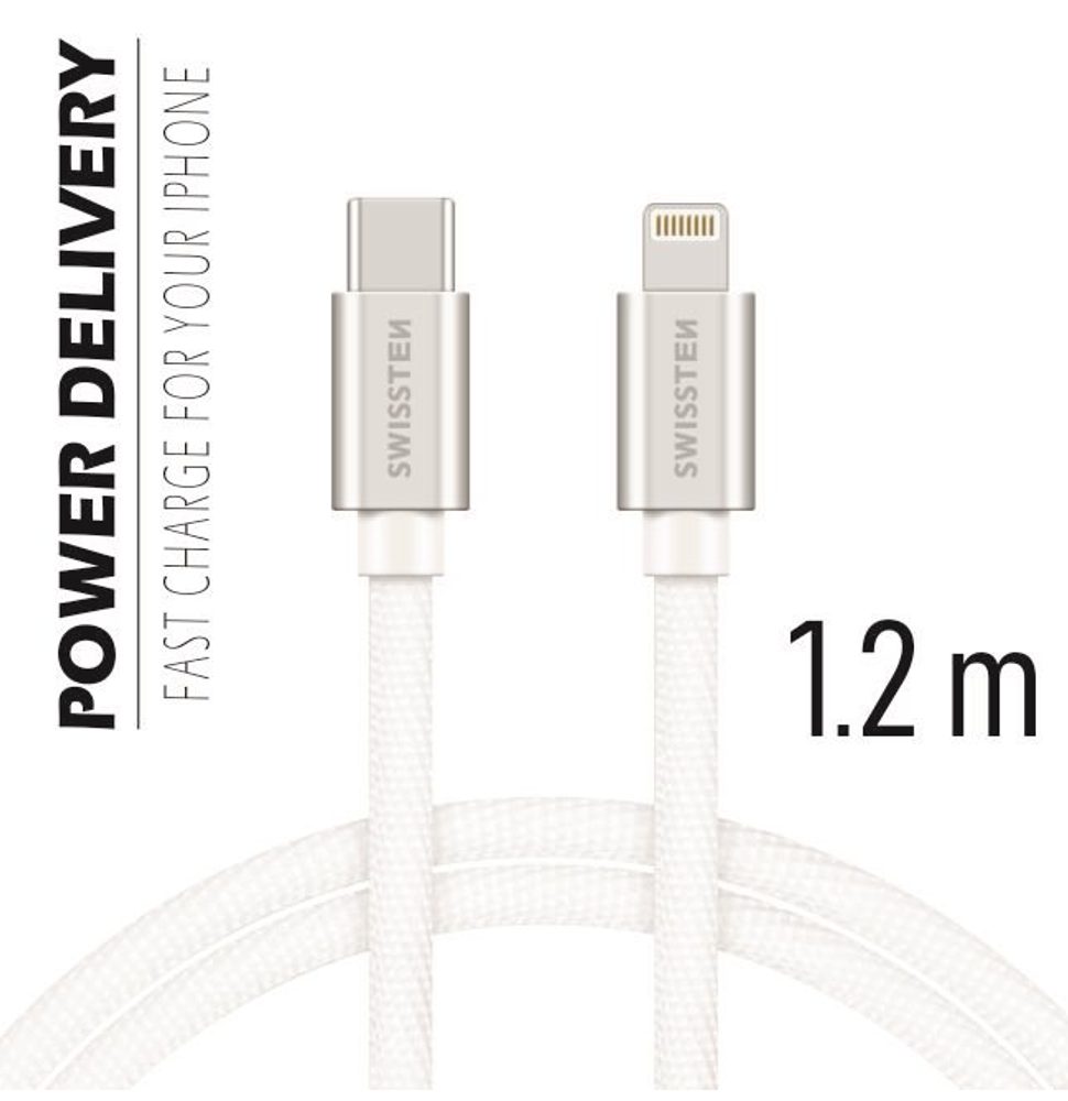 Swissten Adatkábel, Textil, USB-C / Lightning, 1.2m, Ezüst