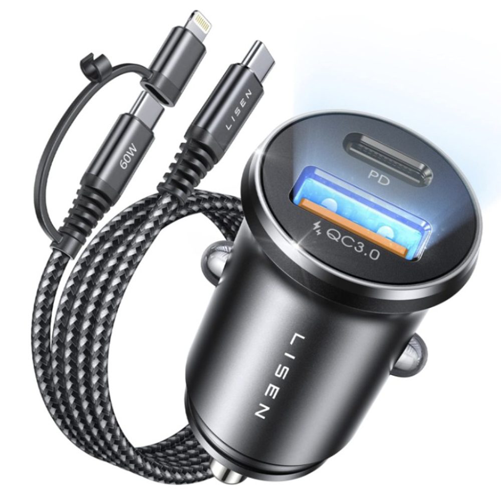 Levně Lisen Autonabíječka USB-A + USB-C s kabelem USB-C / Lightning - USB-C, 12V/24V, černá
