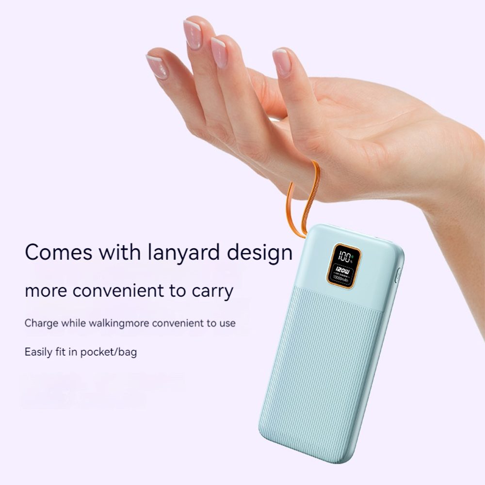 Powerbanka 20000mAh so 4 vstavanými káblami, 2x USB-A, 1x USB-C, PD 22,5 W, QC 3.0, LED displej, modrá