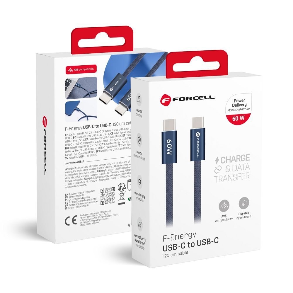 Forcell F-Energy kábel USB-C - USB-C, QC4.0, PD, 3A, 60W, 1,2 m, modrý