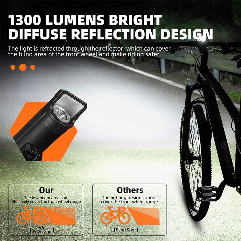 West Biking LED Vodotesné predné svetlo na bicykel 1300 lm, čierne