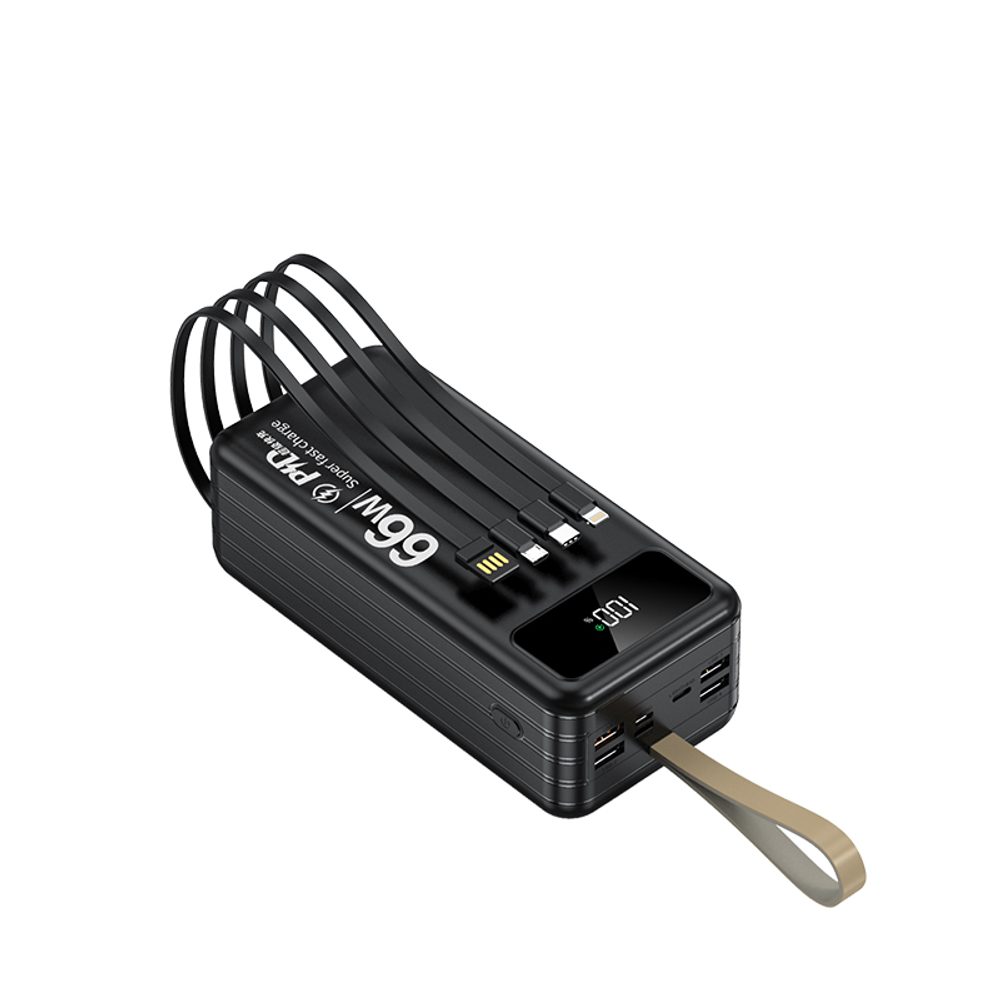 Powerbank 50 000 mAh, PD66W, 2.1A, 4 beépített kábel + LED fény, fekete