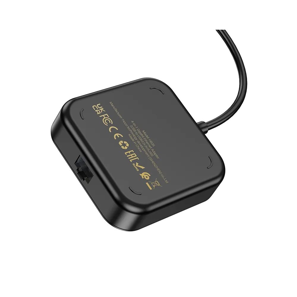 Hoco Adaptér HUB 4v1 USB Na 3x USB3.0 + RJ45, Gigabit Ethernet, 1,2 M, čierny (HB35)