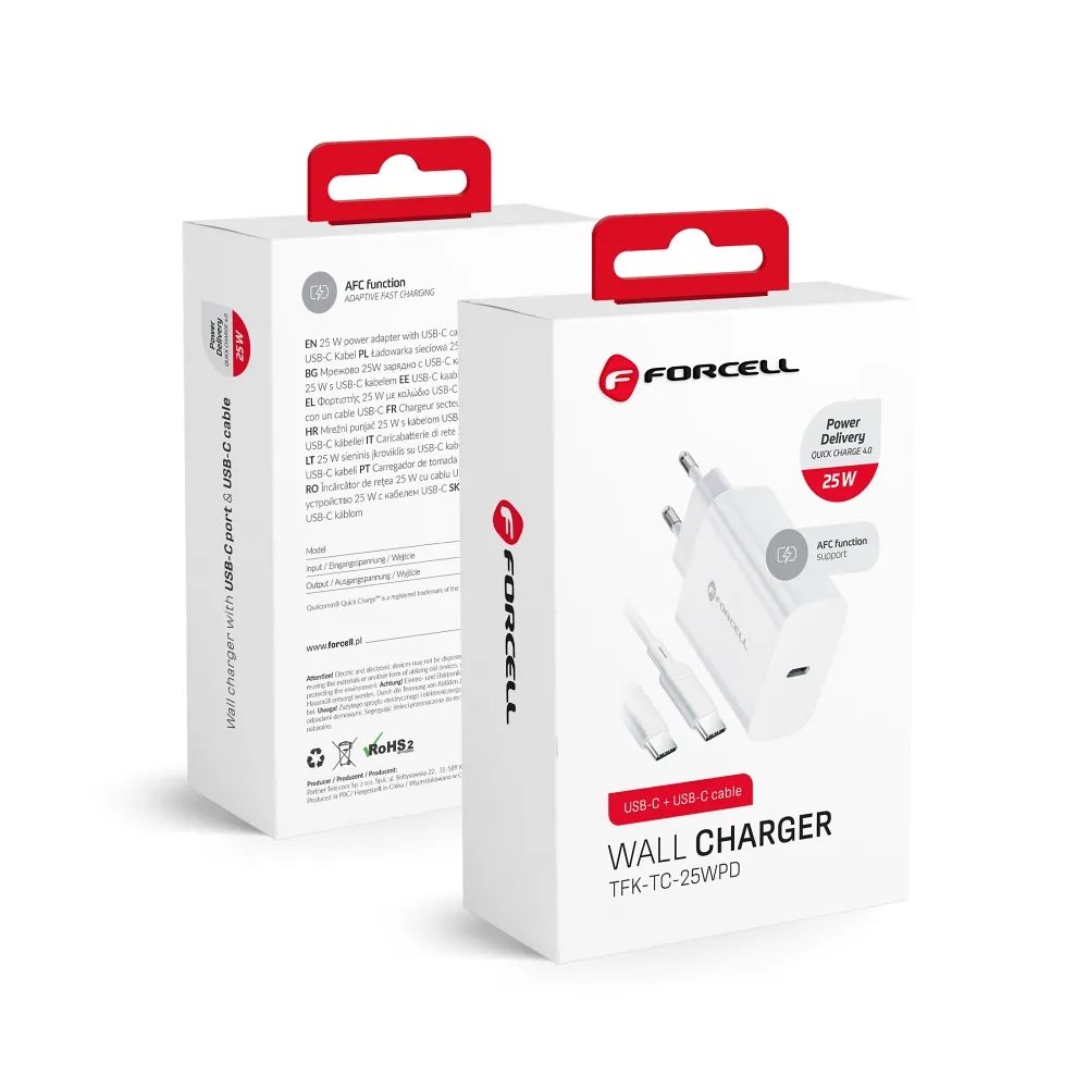 Forcell napájacia nabíjačka s konektorom USB-C a káblom USB-C, 3A, 25W s funkciou nabíjania PD a QC 4.0, 1 m