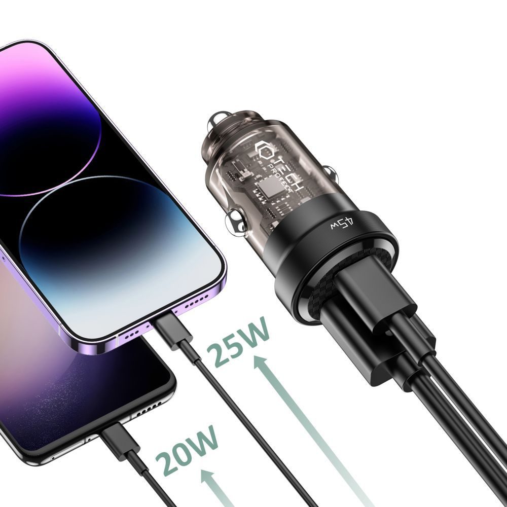 Tech-Protect CC45W 2-portová nabíjačka do auta PD45W / QC3.0, čierna