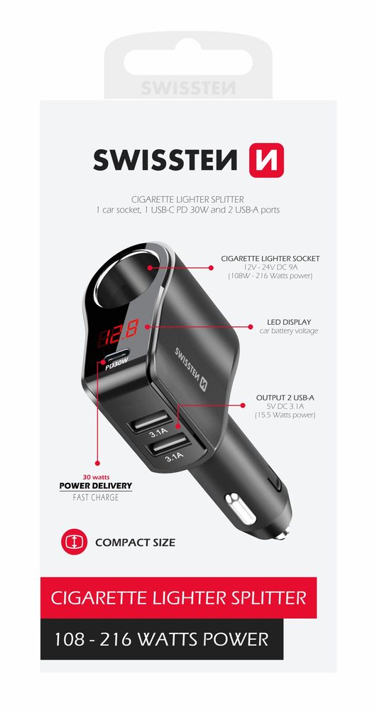 Swissten Autóadapter 1x CL, 1x UCB-C PD és 2x USB-A Kimenettel, 108W - 216W