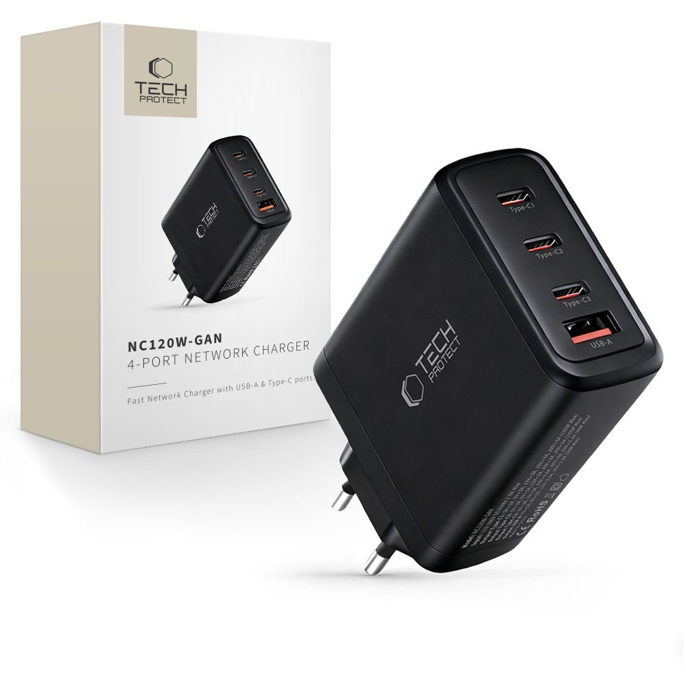 Tech-Protect NC120W-GAN 4-portová nabíječka PD 120W / QC3.0, černá