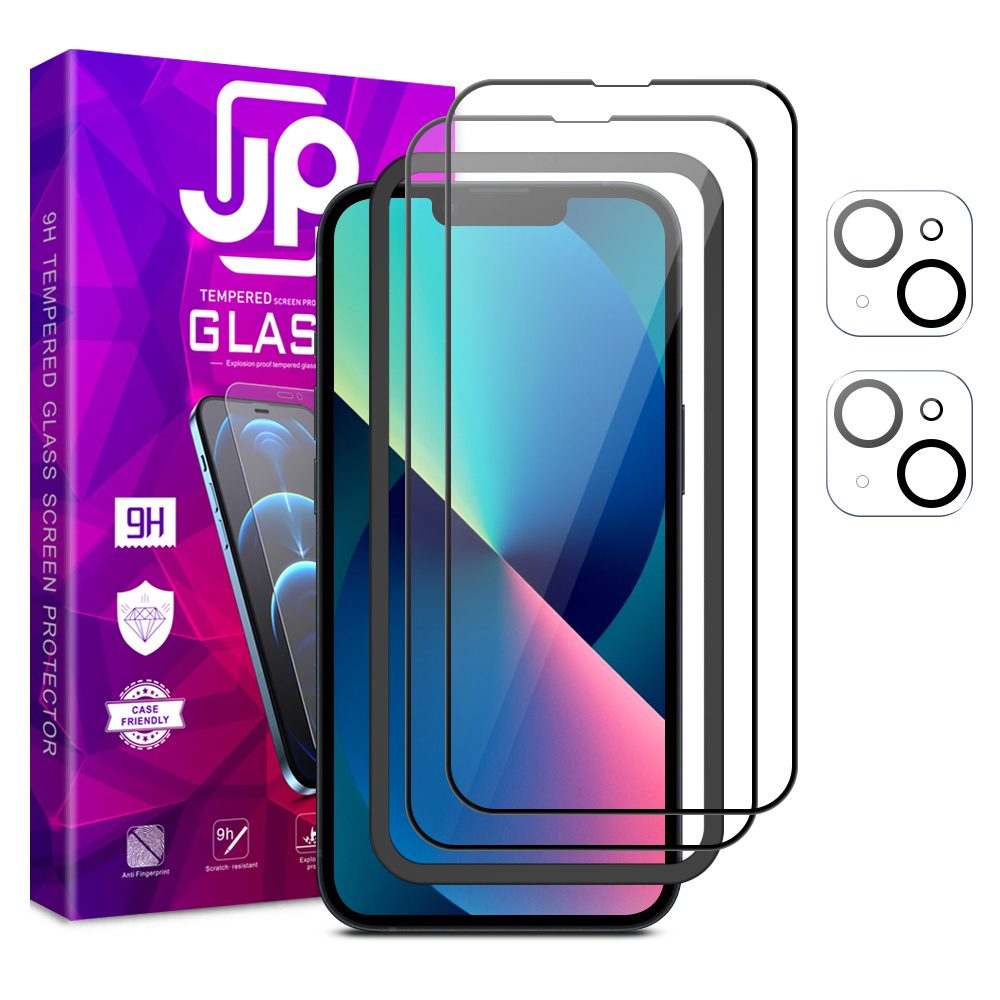 JP Full Pack Tvrdených Skiel, 2x 3D Sklo S Aplikátorom + 2x Sklo Na šošovku, IPhone 13