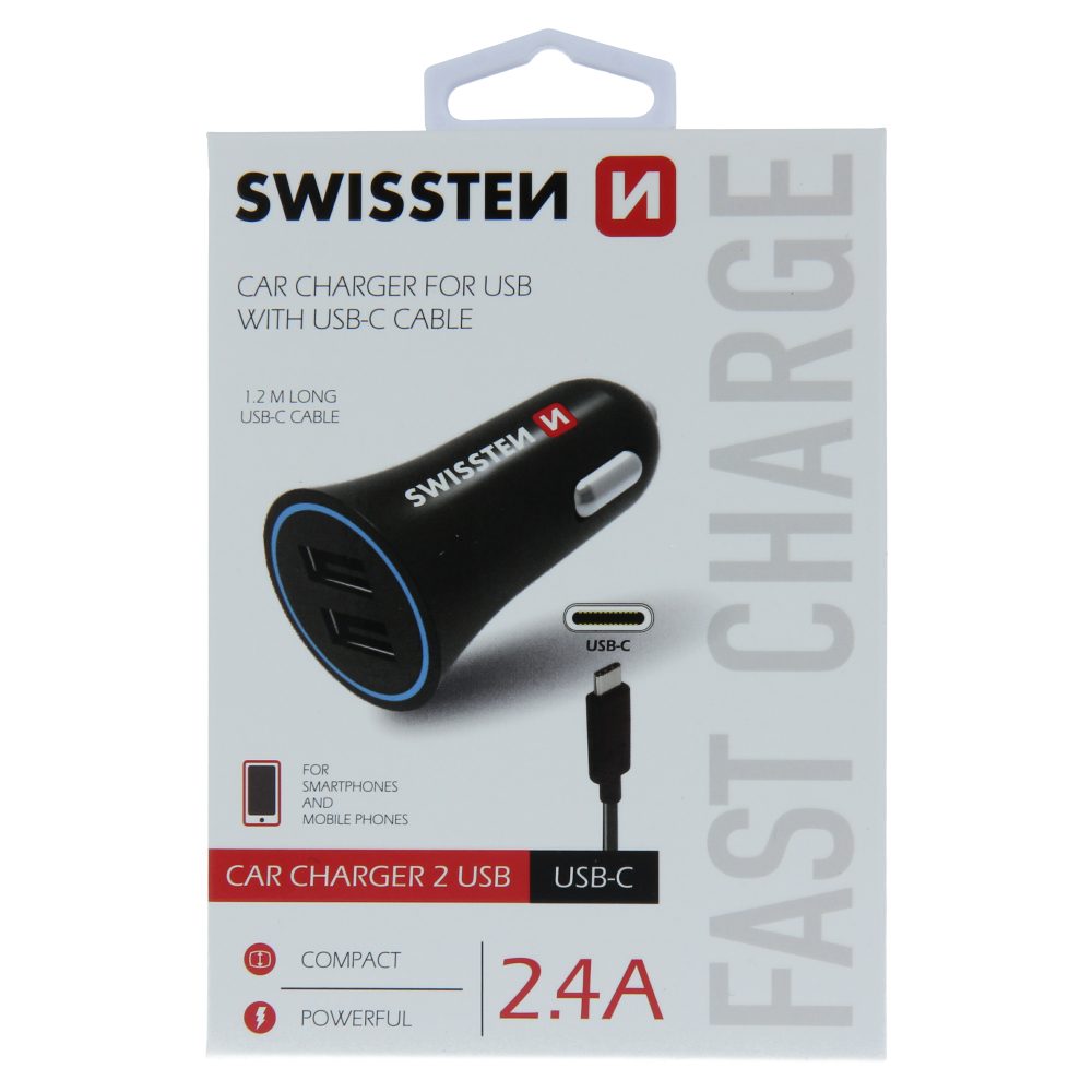 Nabijacky - Autonabíjačka Swissten 2xUSB 2.4A + Kábel USB-C 1.2m Čierna