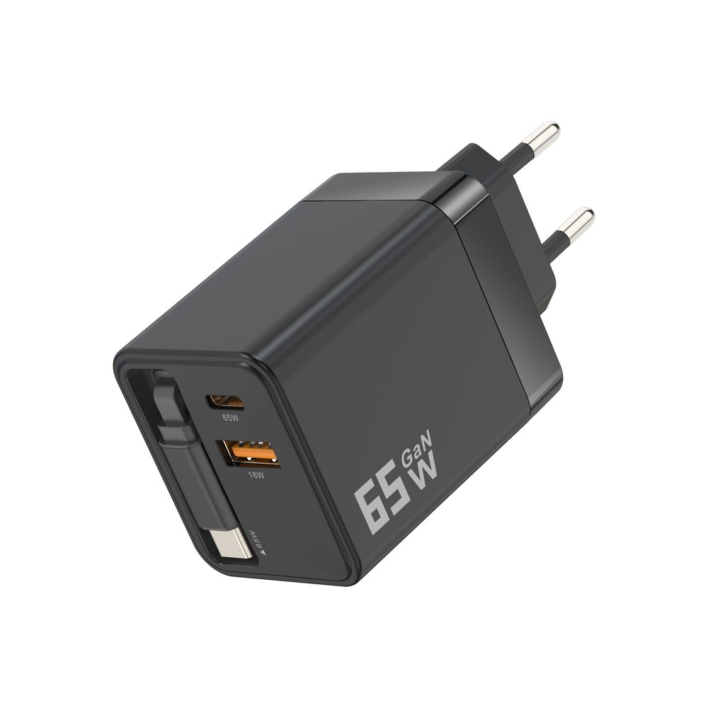 65W GaN töltő USB-A és USB-C porttal, kihúzható USB-C kábellel és gyorstöltéssel, QC3.0, PD 3.0, fekete