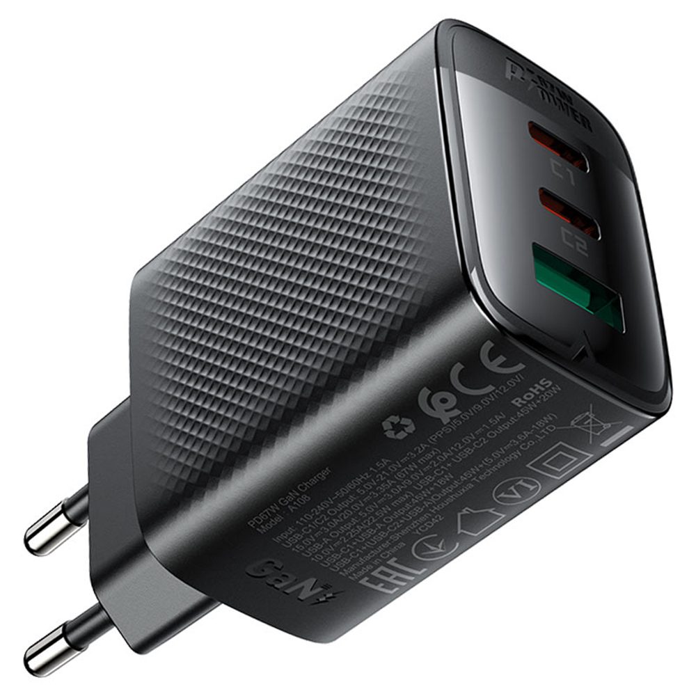 Acefast nabíjačka A108 GaN, 67W, 3A, 2x USB-C + USB, čierna