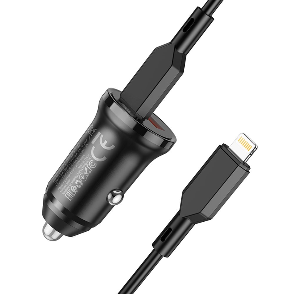 Borofone BZ18A Auto Punjač - USB-C + USB - PD 20W QC 3.0 18W Sa USB-C Kabelom - Lightning, Crni