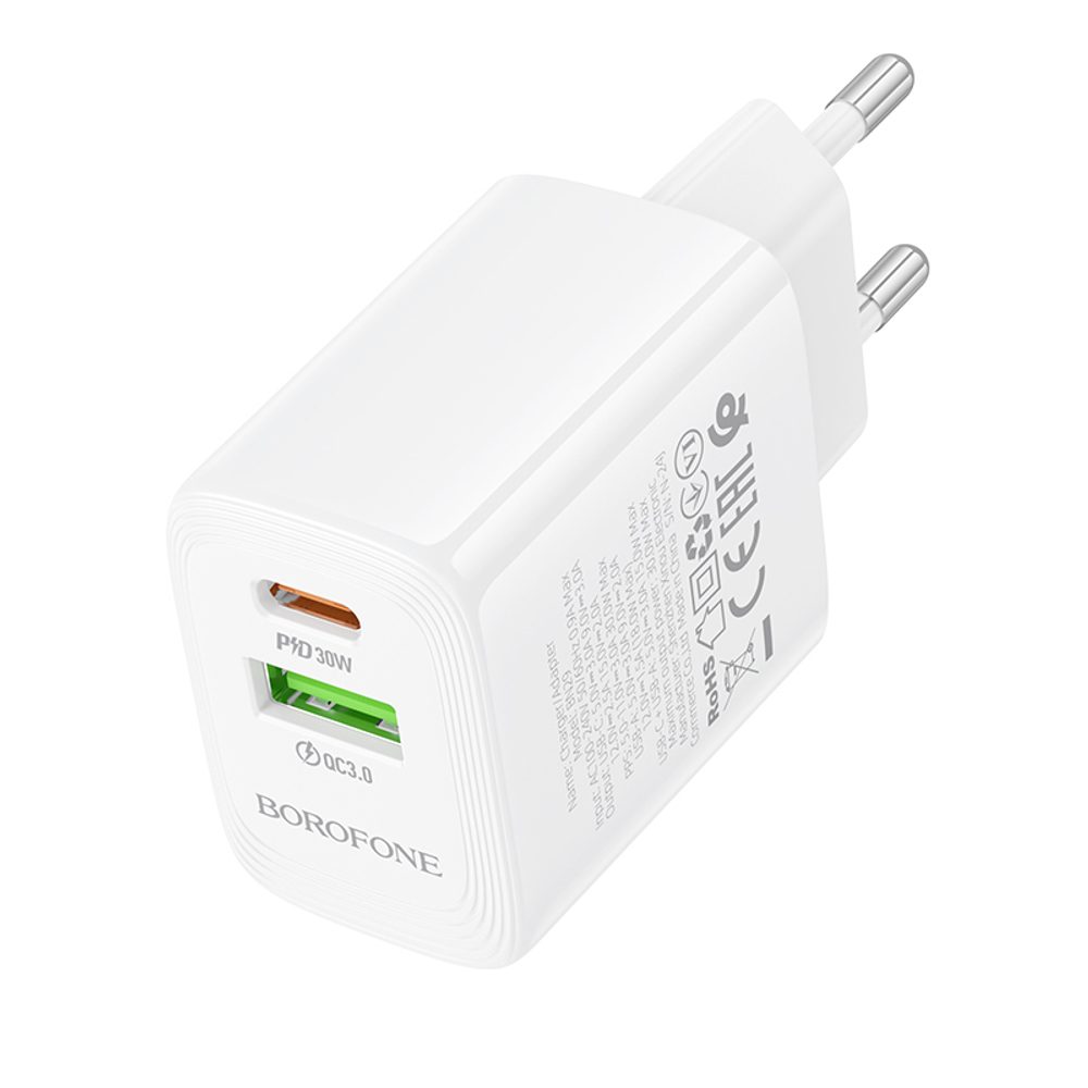 Borofone adaptér BN29 Fuente - USB + USB-C, QC 3.0, PD, 30W, biely