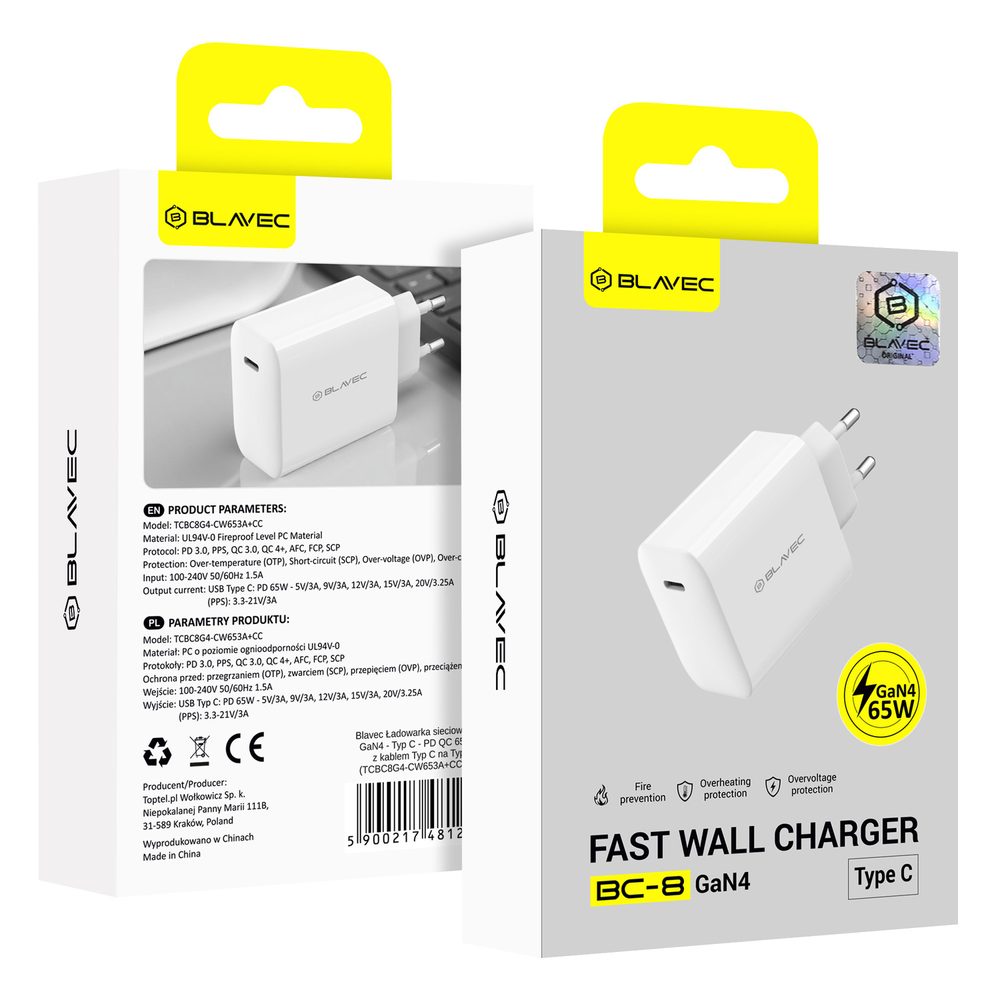 Blavec nabíjačka BC-8, GaN4, PD QC 65W 3A, USB-C, biela