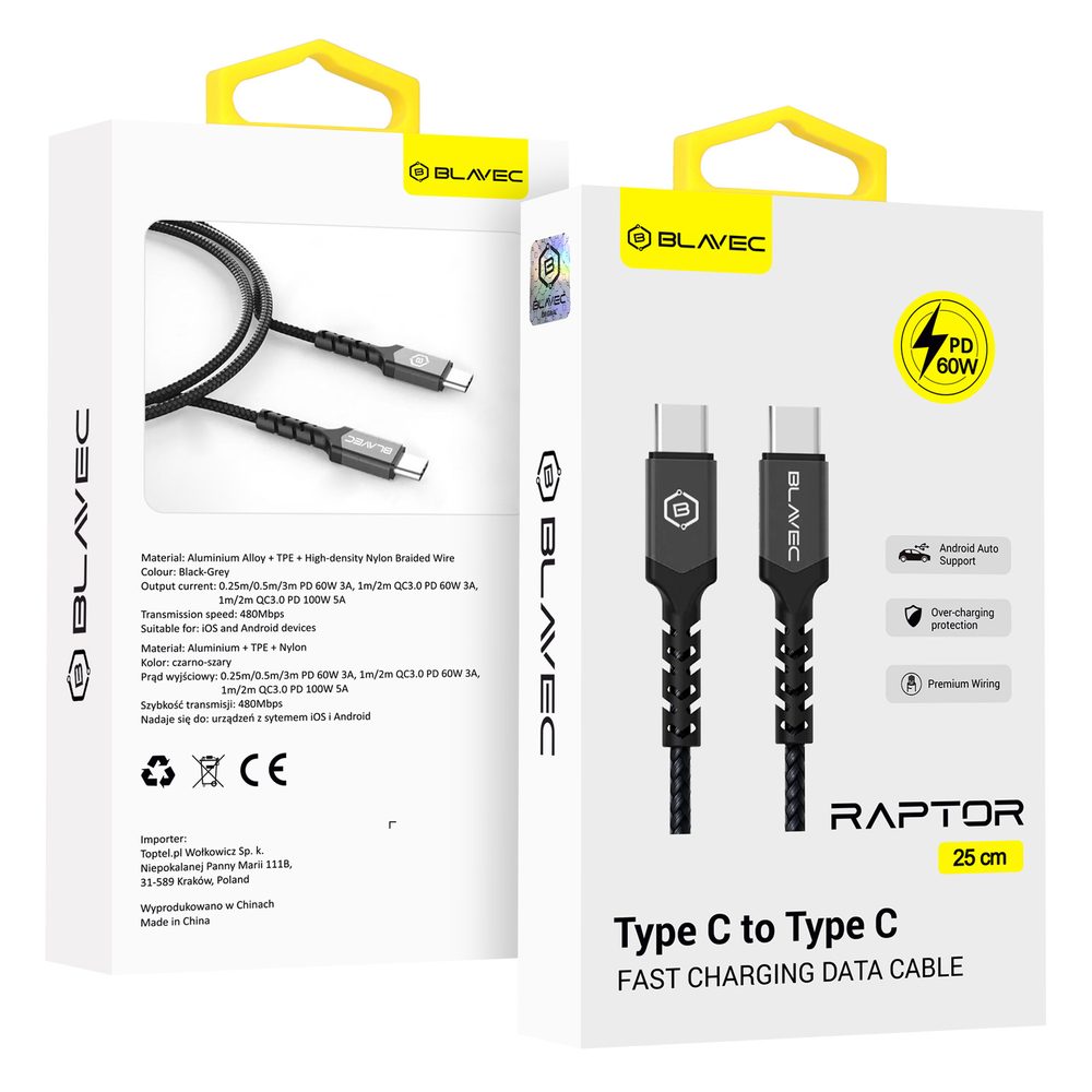 Blavec kábel USB-C - USB-C, PD, 60W, 3A, 0,25 m, čierno-sivý