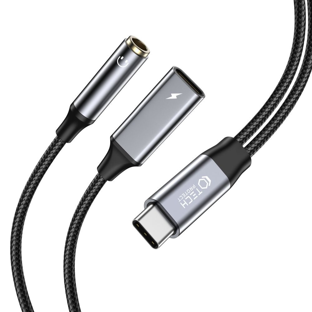 Tech-Protect UltraBoost Kábel USB-C - Mini Jack 3,5mm A USB-C, PD60W/6A, čierny