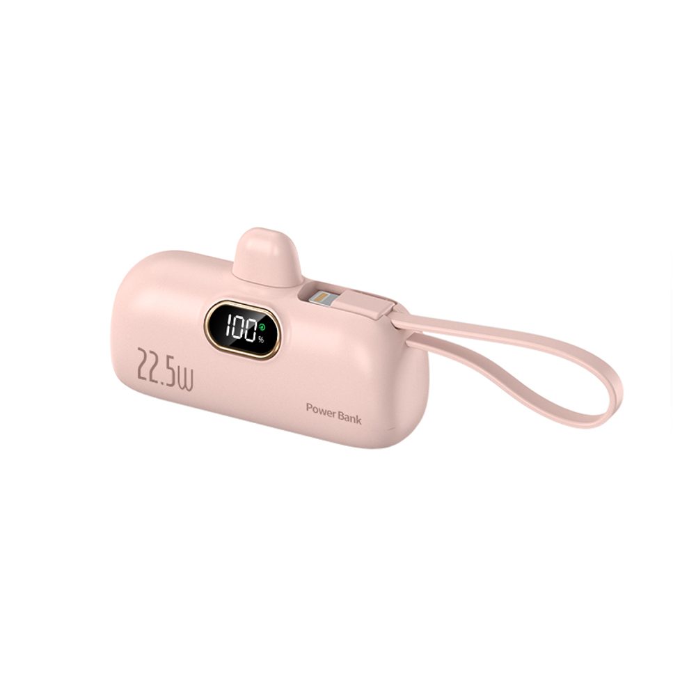 Powerbank PlugOn USB.C Lightning kábellel, LED kijelzővel, 5000 mAh, PD 22.5W, QC3.0, rózsaszín