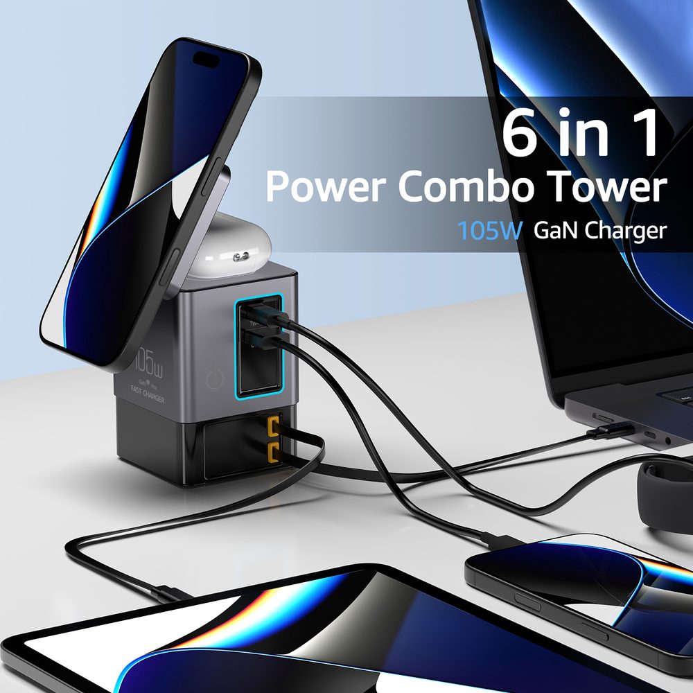 Nabíjacia stanica PowerCombo Tower 6v1 GaN3 Pro s bezdrôtovým nabíjaním, 105W, šedá