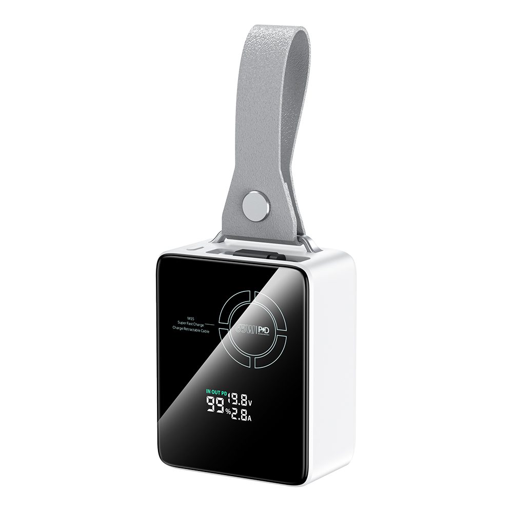 Levně Powerbanka pro notebooky 65W PD s výsuvným USB-C kabelem a digitálním displejem, 20000 mAh, bílá
